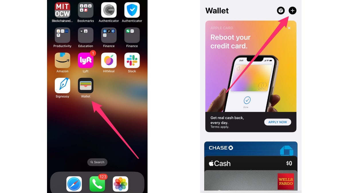 Screenshot of the Apple home screen and Wallet app.