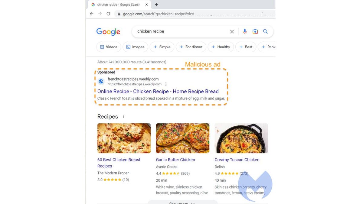 Chicken recipe Google fake ad