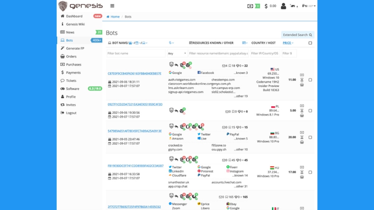 Screenshot of Genesis Market.