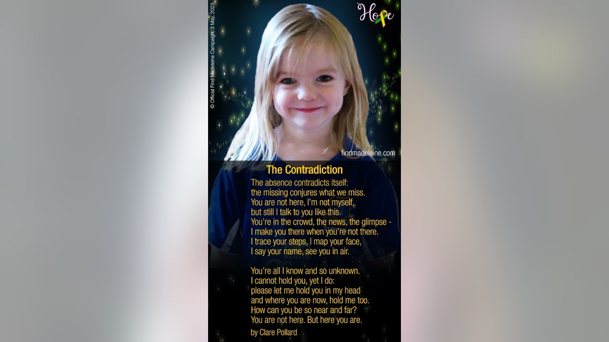 A photo of Madeleine McCann and the poem Kate and Gerry McCann shared to their Facebook page and website