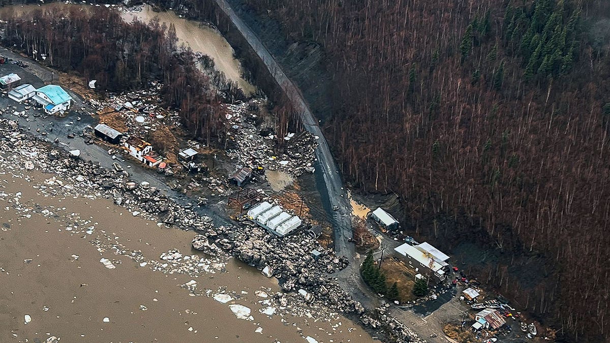 Ice follow flooding from an ice jam in Crooked Creek, Alaska, on May 15, 2023. Ice jams along two Alaska rivers unleashed major flooding over the weekend. 