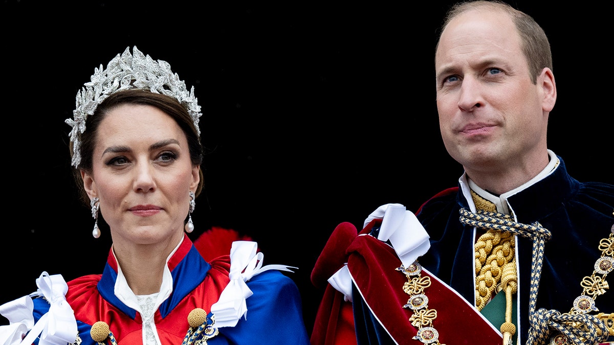 A close-up of Kate Middleton and Prince William in their royal regalia