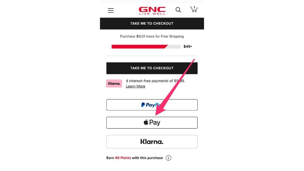 Screenshot of the Apply Pay logo on the GNC website.