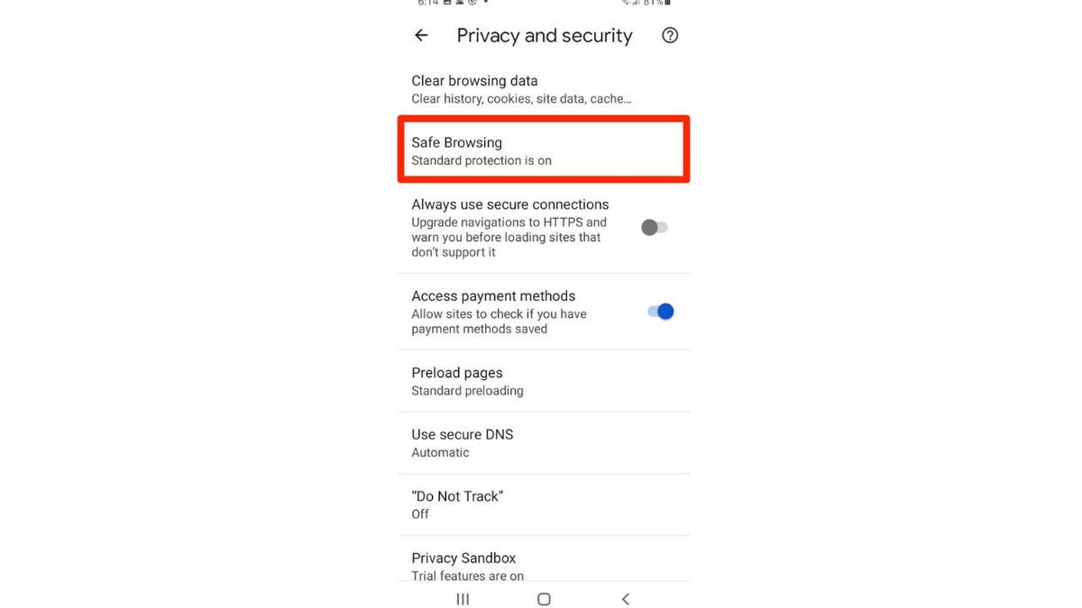 Red box around Safe Browsing Google option