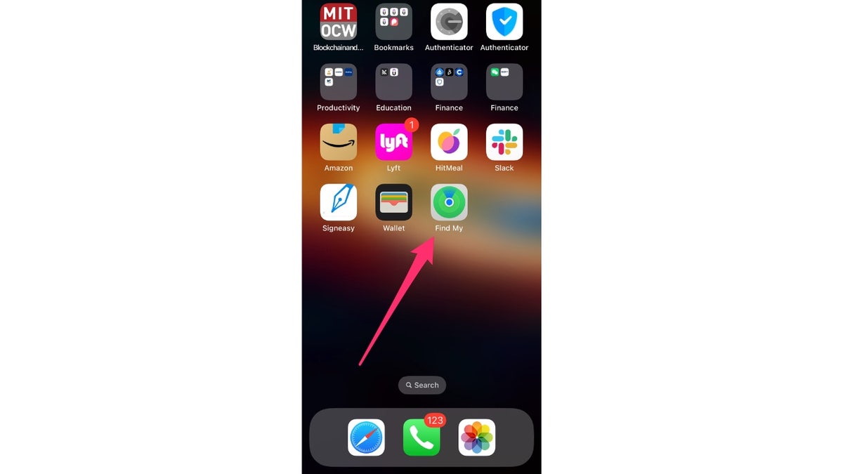 Screenshot of the home screen with an arrow pointing to the Find My Phone app.