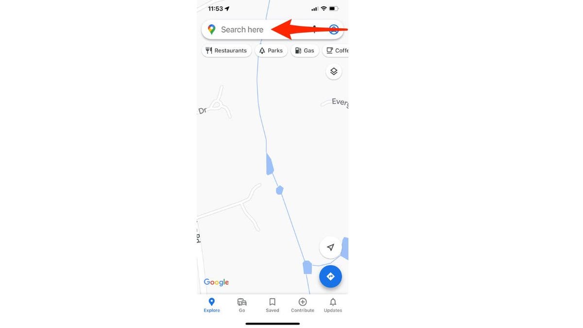 Image of Google Maps on a phone search bar and red arrow pointing to bar
