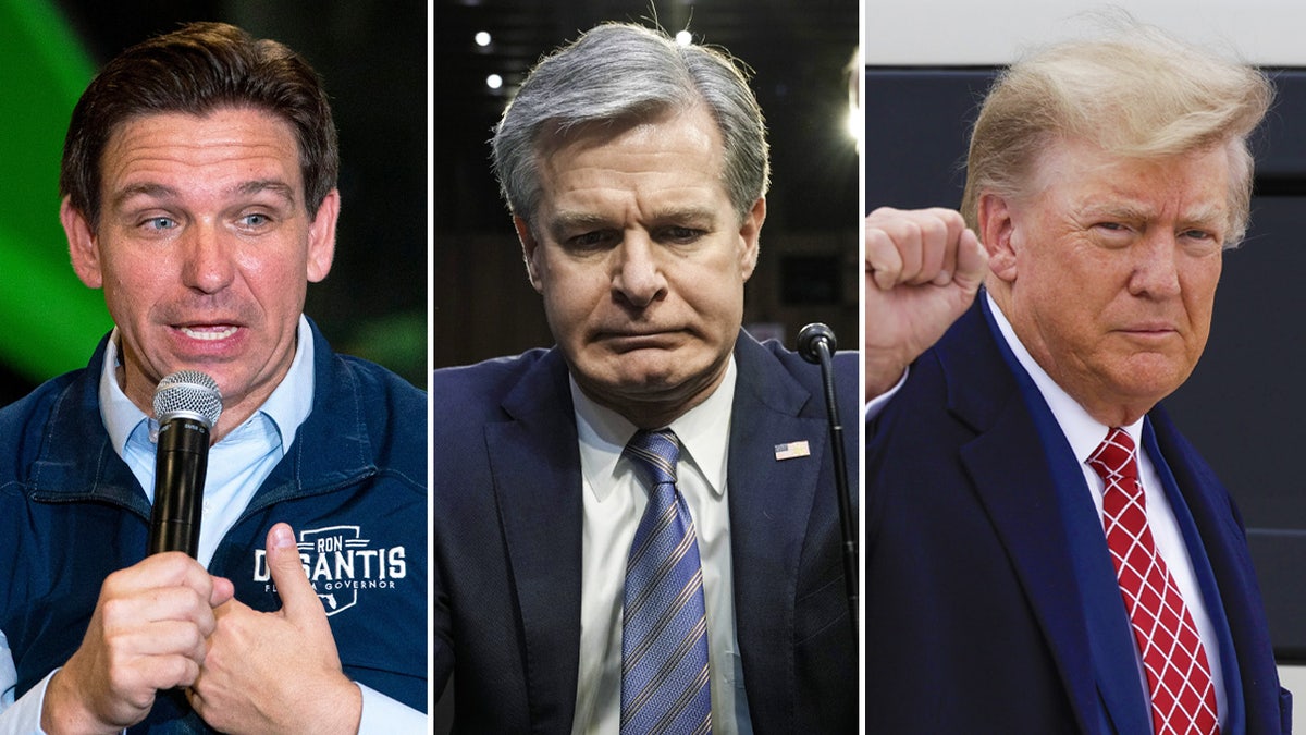 Florida Gov. Ron DeSantis, left, said last week that he would oust Trump-appointed FBI Director Christopher Wray, middle, "on day one" if he was elected president in 2024.