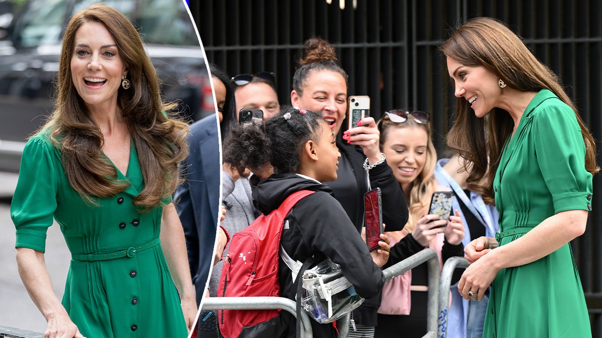 Kate Middleton in a green dress waves to the crowd split Kate Middleton speaks with children behind a barrier at the Anna Freud Centre