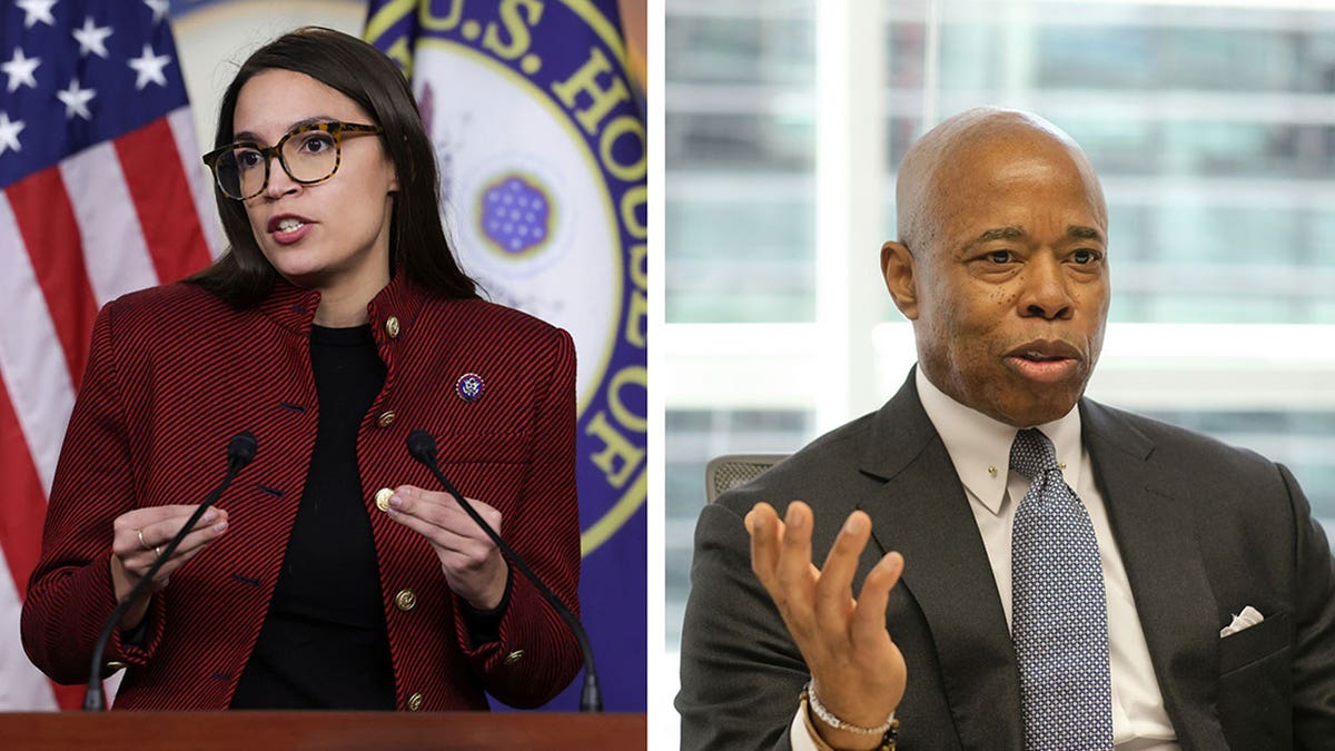 Rep. Ocasio-Cortez and Mayor Adams talking to a crowd in two separate photos.