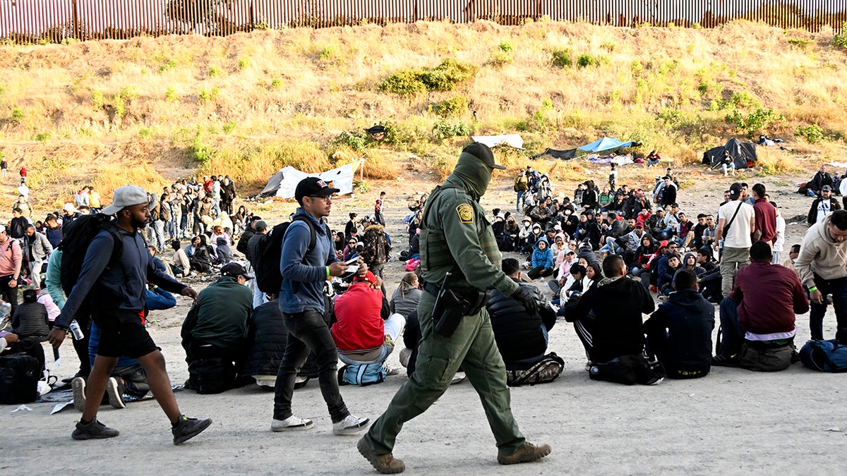 Border Patrol agent walks past crowd of asylum seekers