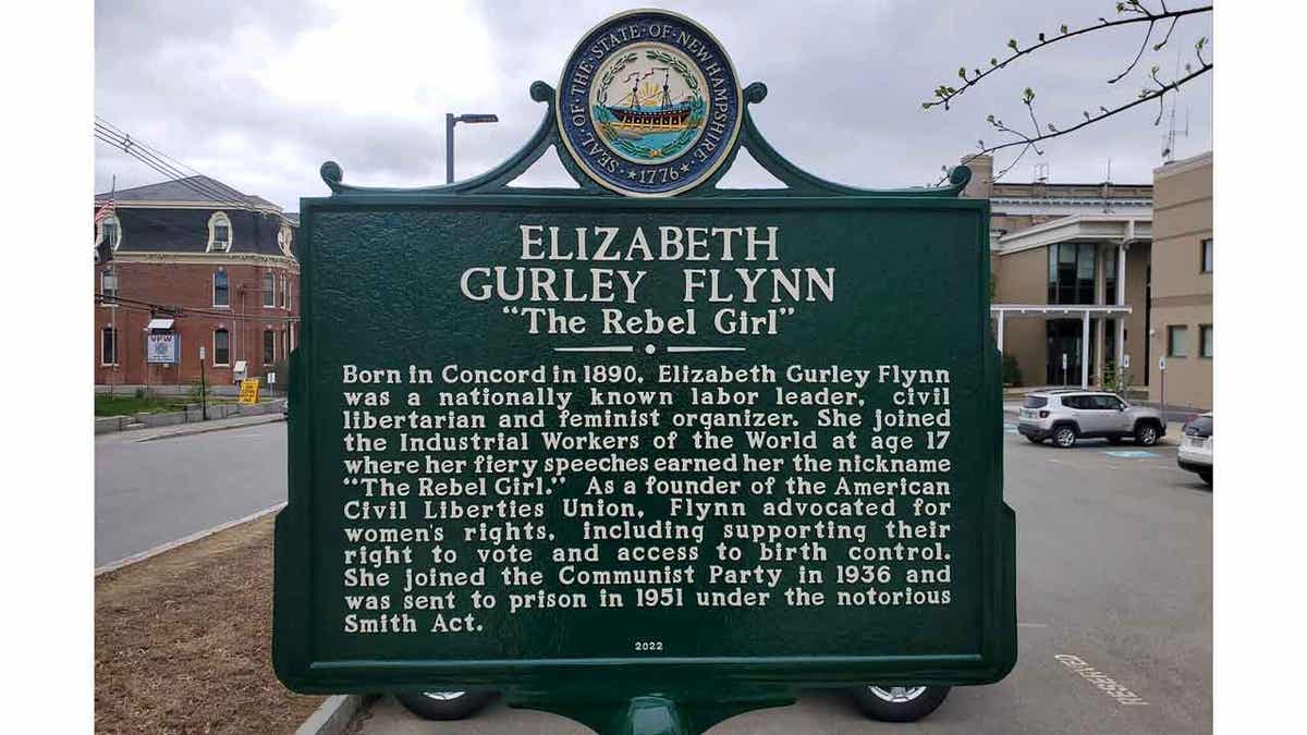 A historical marker dedicated to Elizabeth Gurley Flynn stands in Concord, New Hampshire, on May 5, 2023. The marker dedicated to Gurley Flynn, the feminist and labor activist who also led the Communist Party, was removed on May 15, 2023.