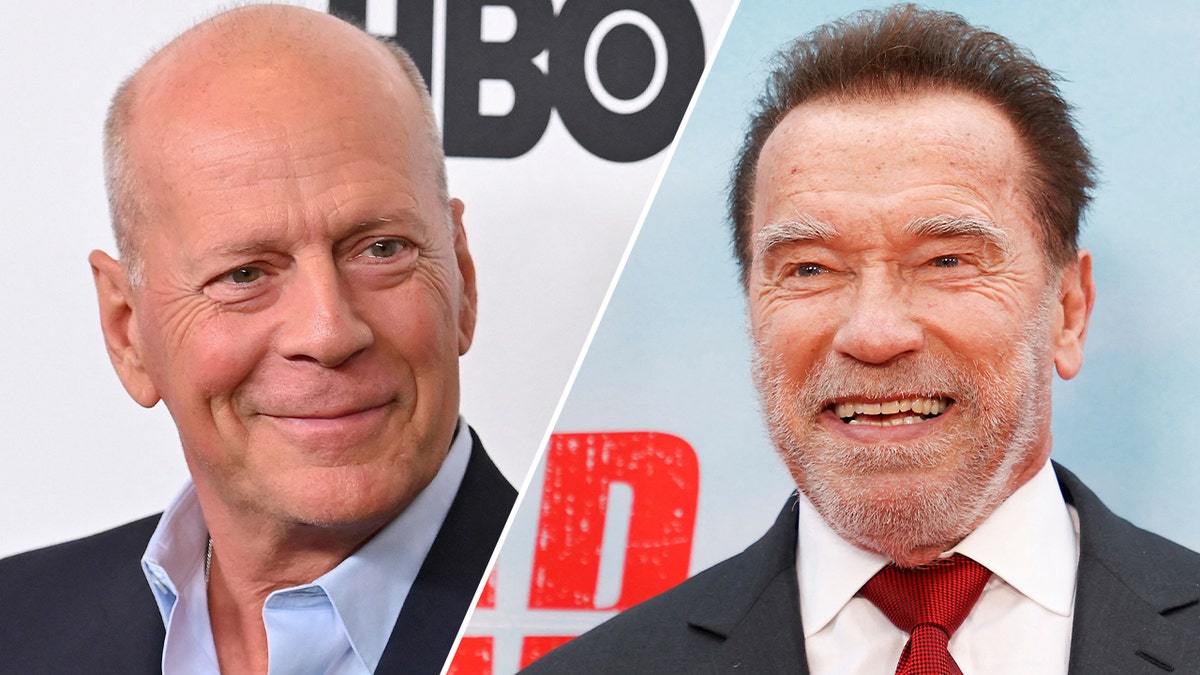 Bruce Willis grins on the red carpet in a blue shirt and black jacket, looking to his left split Arnold Schwarzenegger smiles in a white shirt, red tie, and dark suit and looks to his left 