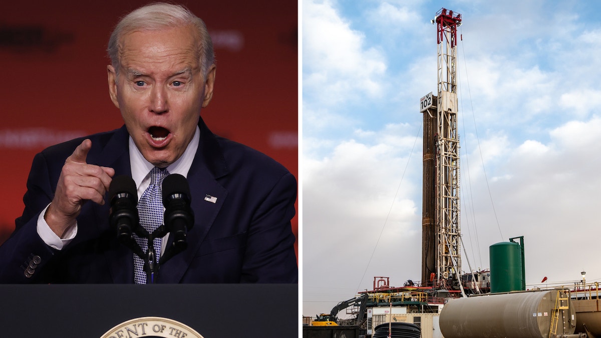 President Biden pictured next to an oil drilling rig in a photo illustration.