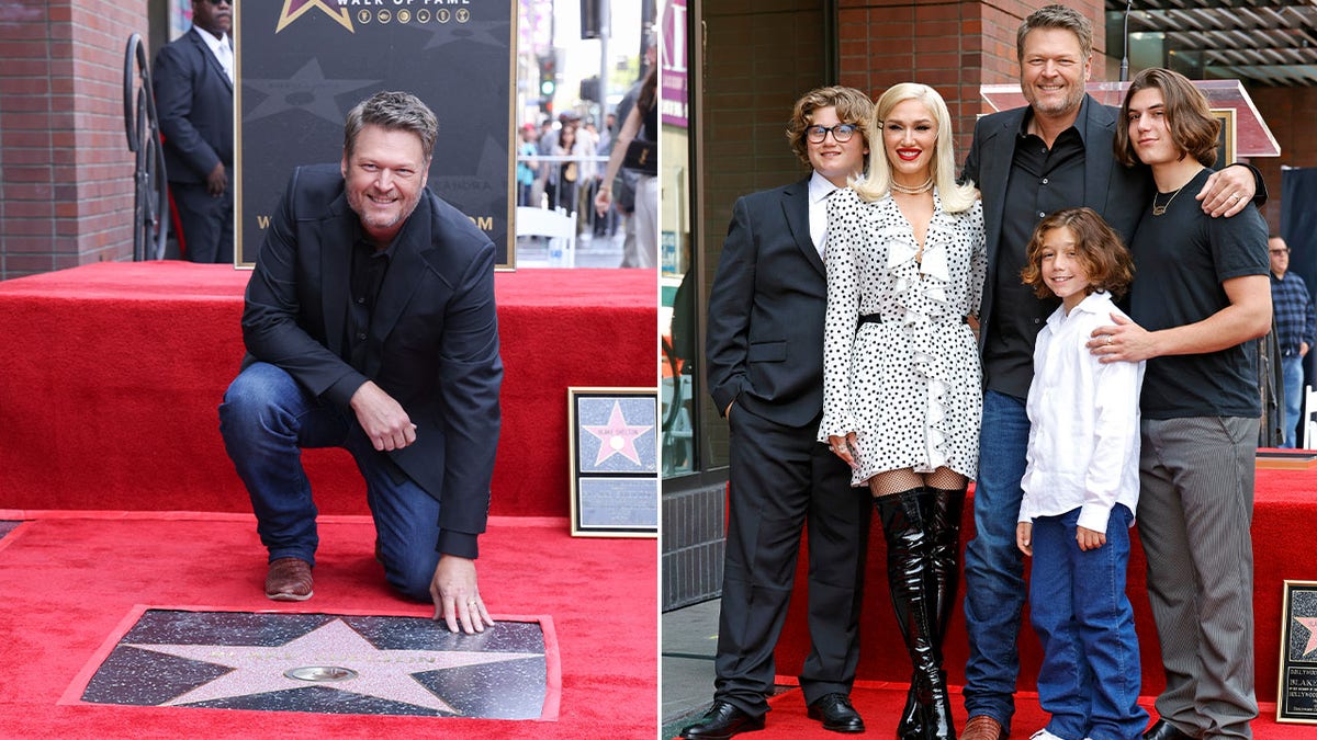 Blake Shelton with star on Hollywood Walk of Fame split with photo of Zuma Rossdale, Gwen Stefani, Blake Shelton, Apollo Rossdale, and Kingston Rossdale
