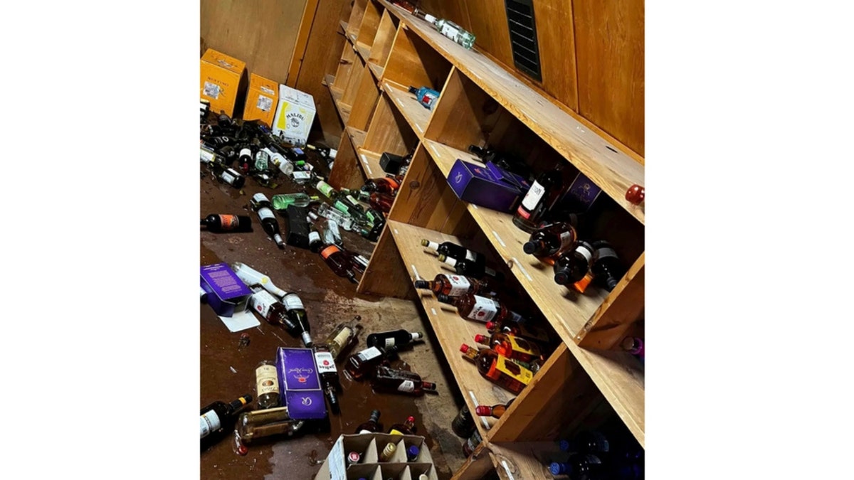 Broken wine bottles in the Plumas Pines Resort and Bar