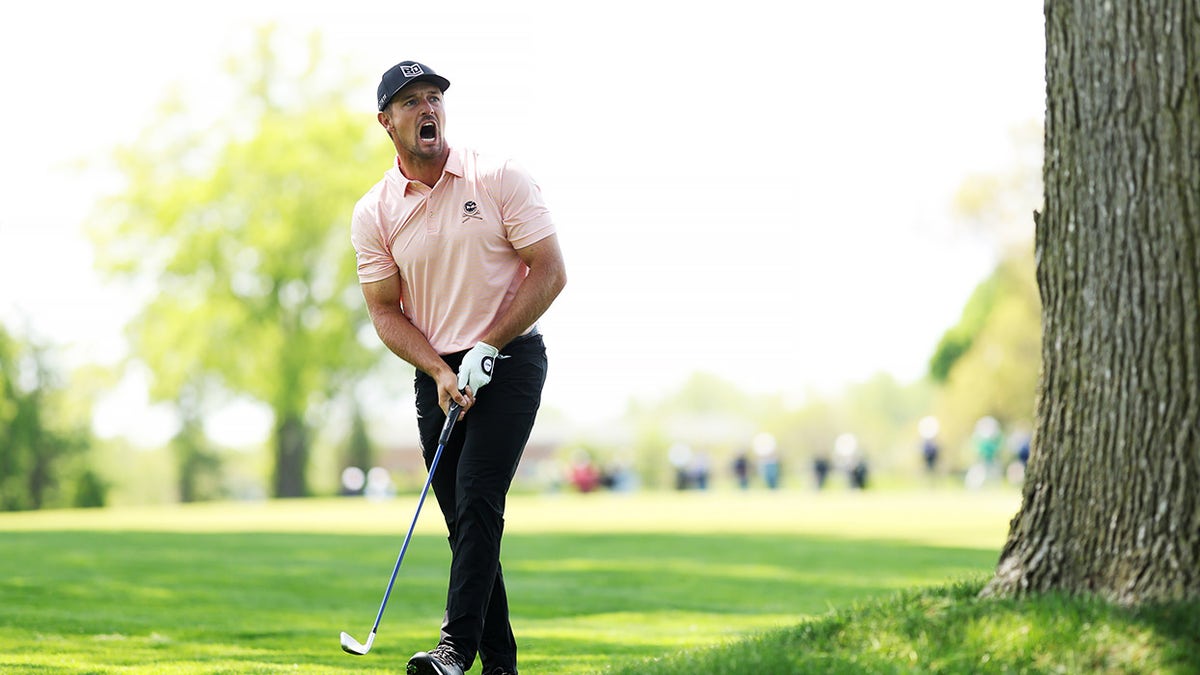 Bryson DeChambeau yells out fore