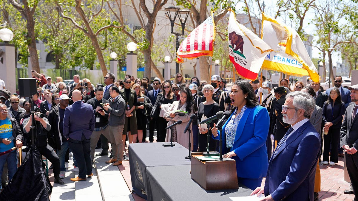 San Francisco Mayor London Breed speaks during a rare outdoor meeting of the Board of Supervisors at a plaza in San Francisco on May 23, 2023. The outdoor meeting which was disrupted by protestors had to be moved indoors to City Hall.
