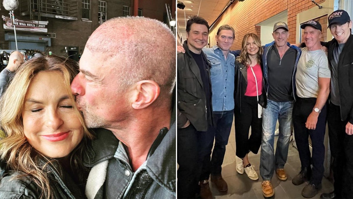 Christopher Meloni kissing Mariska Hargitay on the forehead split with them with other actors at the Leary Firefighter Foundation