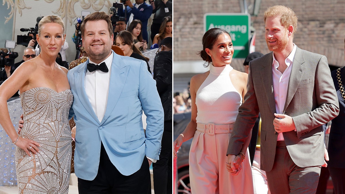 James Corden and his wife Julia Carey in a split screen with Prince Harry and Meaghan Markle