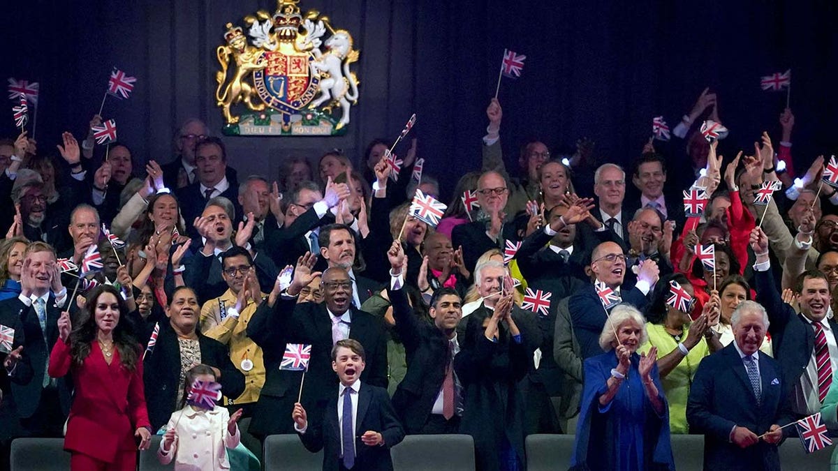 Katharine, Princess of Wales, Princess Charlotte, Prince George, Prime Minister, Rishi Sunak, Akshata Murty, Queen Camilla and King Charles III in the Royal Box during the Coronation Concert