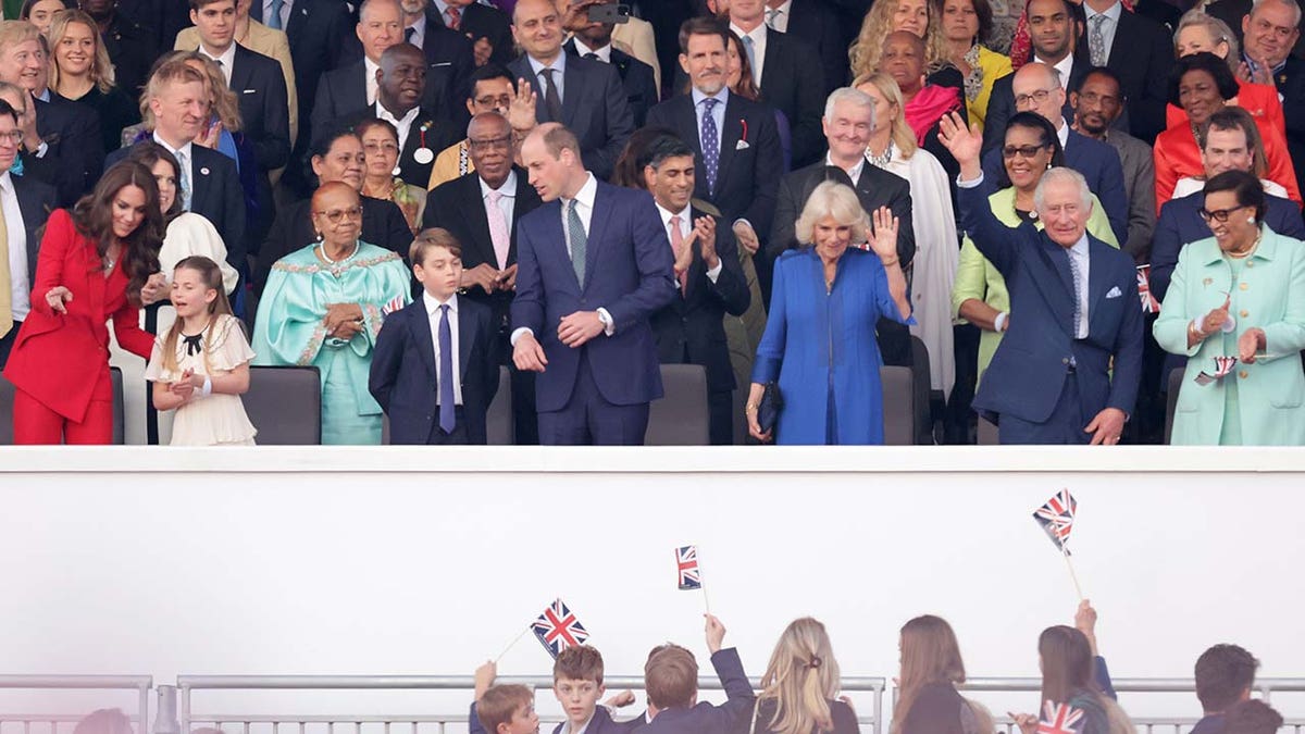 King Charles III, Queen Camilla, Catherine, Princess of Wales, Princess Charlotte of Wales, Prince George of Wales, Prince William, Prince of Wales, Rishi Sunak and Rishi Sunak are seen during the Coronation Concert