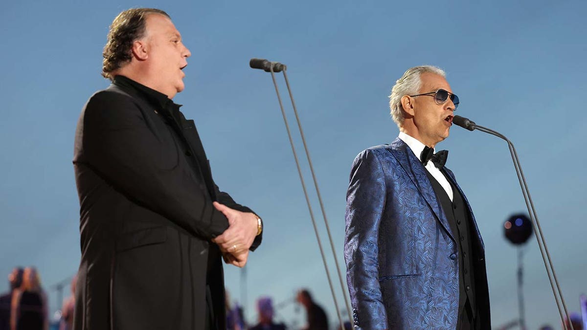 Bryn Terfal and Andrea Bocelli perform on stage during the Coronation Concert