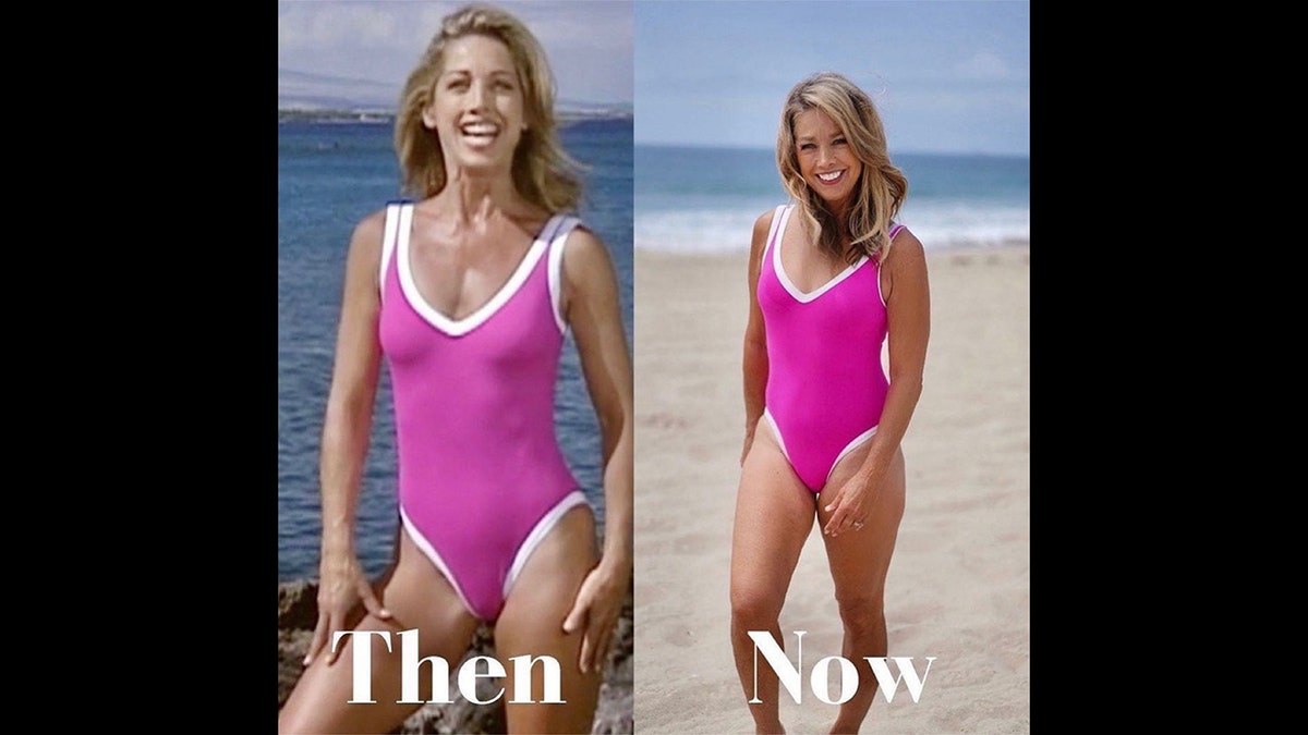 A side-by-side photo of Denise Austin wearing a pink swimsuit