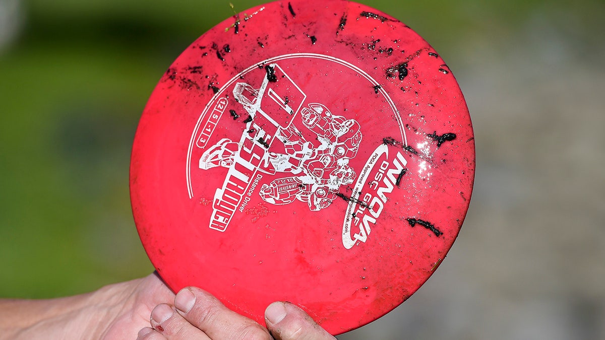 A disc golf with mud on it