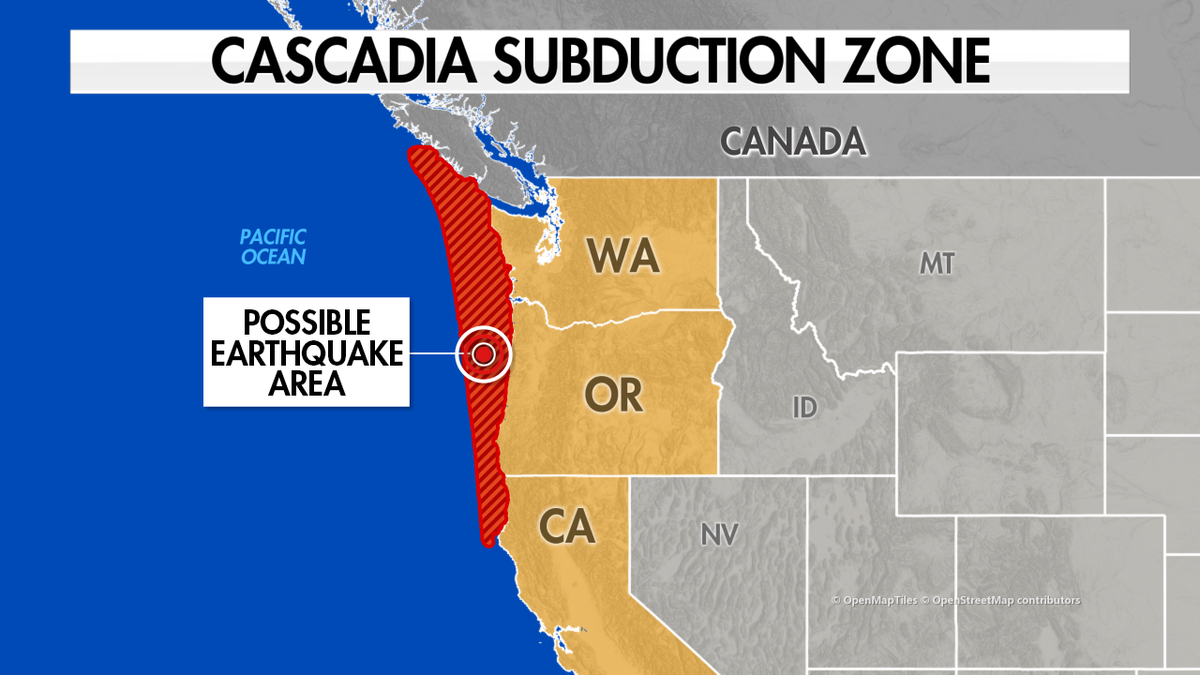 The Cascadia Subduction Zone runs along the west coast