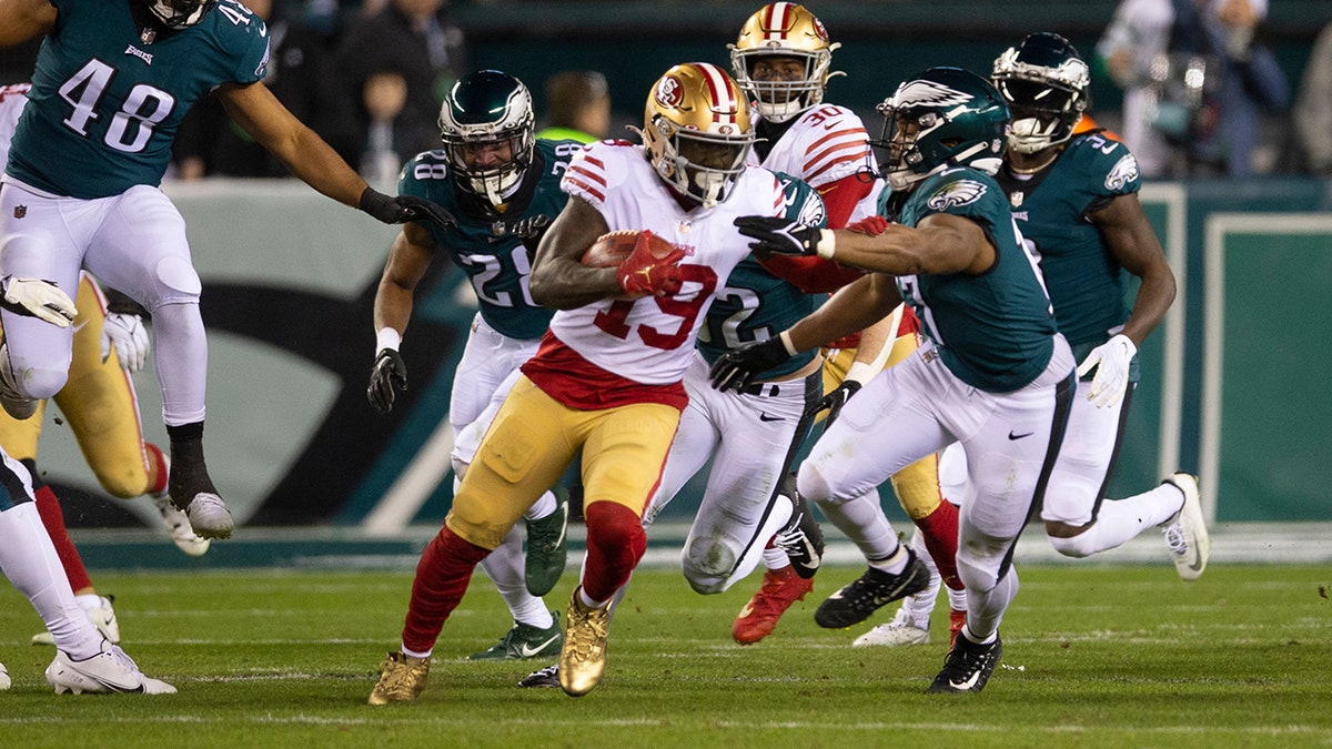 Deebo Samuel #19 of the San Francisco 49ers rushes during the NFC Championship playoff game against the Philadelphia Eagles at Lincoln Financial Field on January 29, 2023, in Philadelphia. The Eagles defeated the 49ers 31-7.