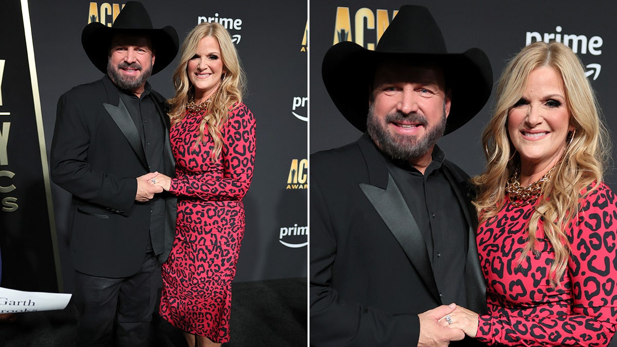 Garth Brooks wore signature black cowboy hat with black blazer, wife Trisha Yearwood rocks red leopard print dress