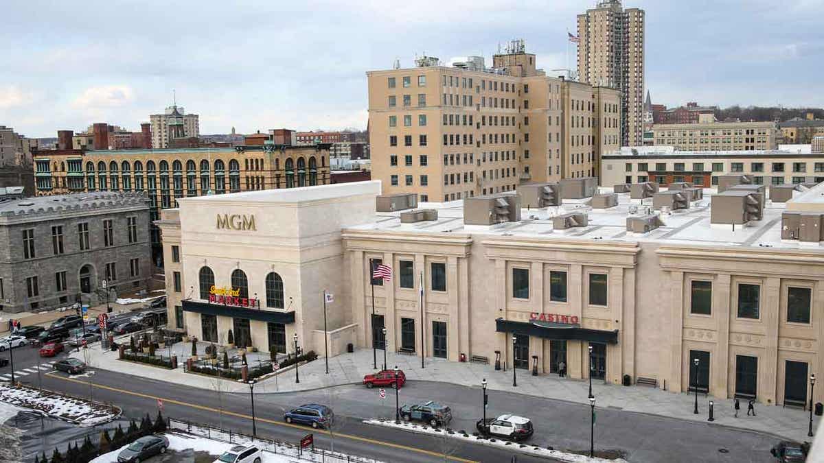 The main entrance to the MGM Springfield Casino