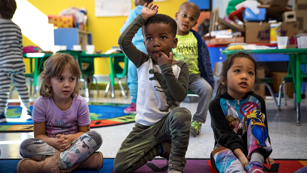 Young student raises hand in class