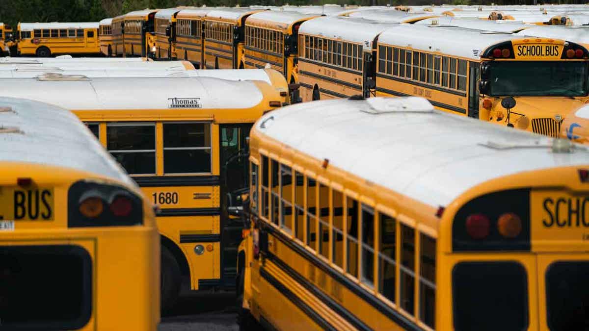 School buses sit parked at a lot in Marietta, Georgi