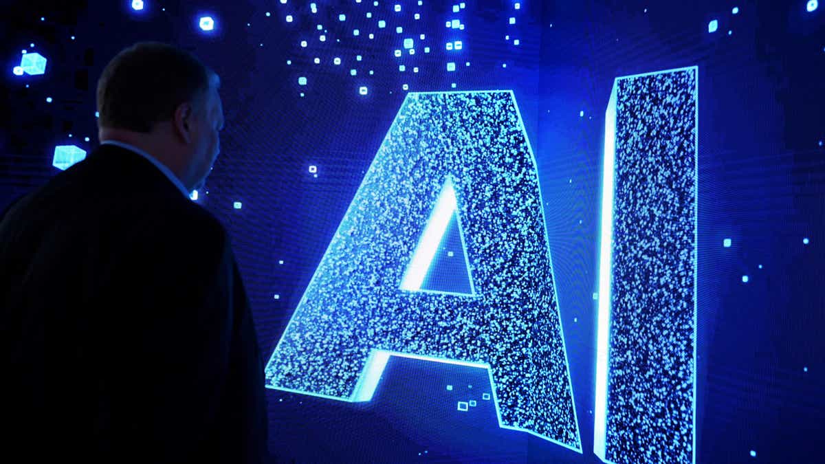 illustration showing "AI" in block letters in an animation