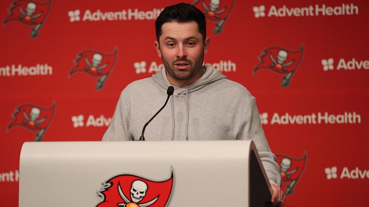 Baker Mayfield addresses the media after signing with the Buccaneers