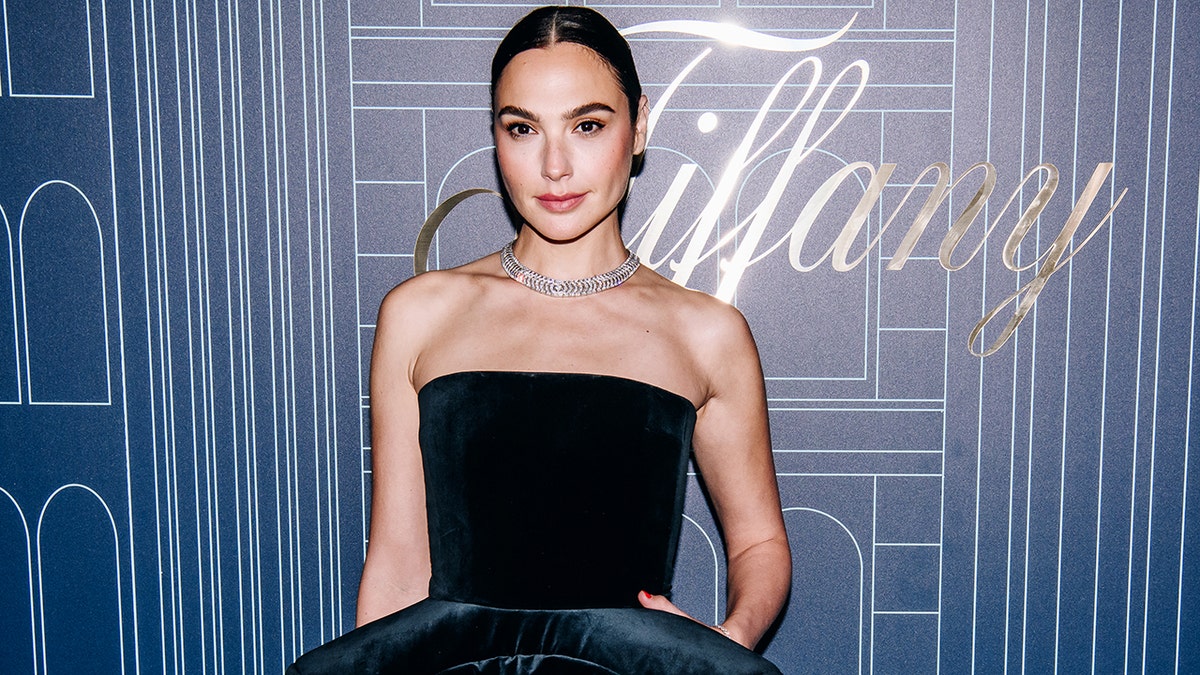 Gal Gadot in a strapless black gown and jewels at a Tiffany & Co. event