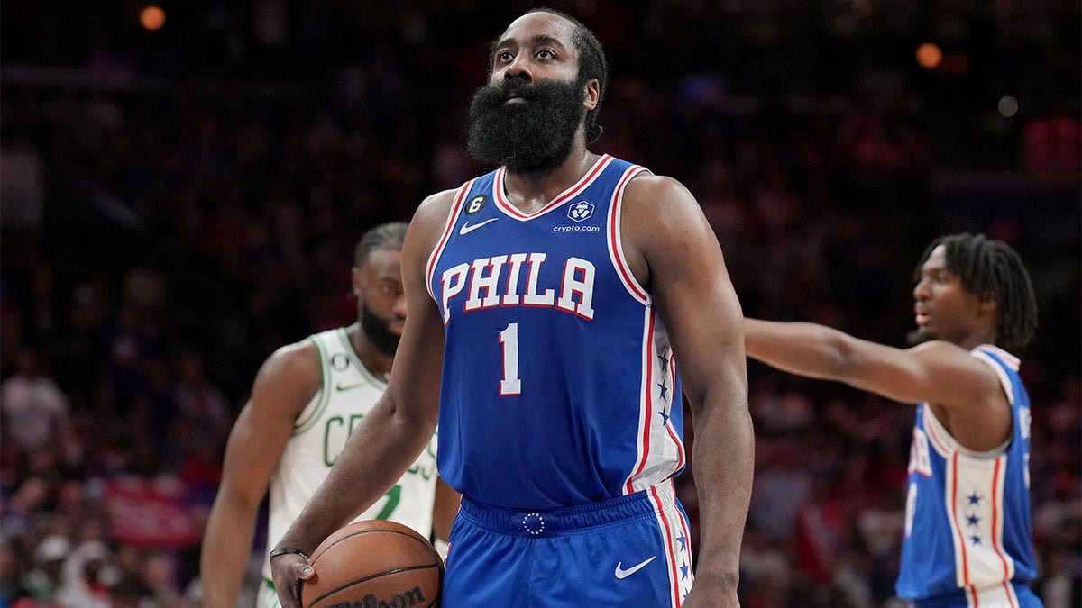 James Harden shoots a free throw in the NBA Playoffs