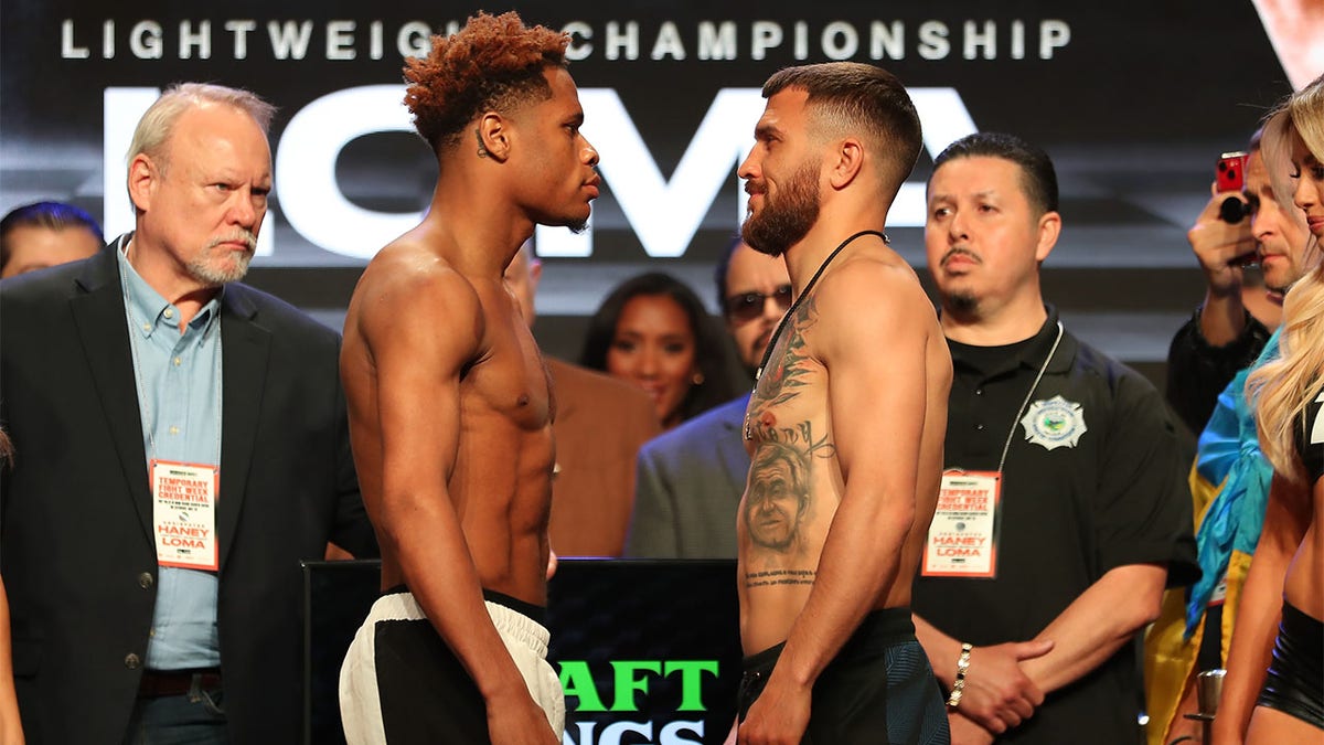 Devin Haney and Vasilly Lomachenko at the weigh-in