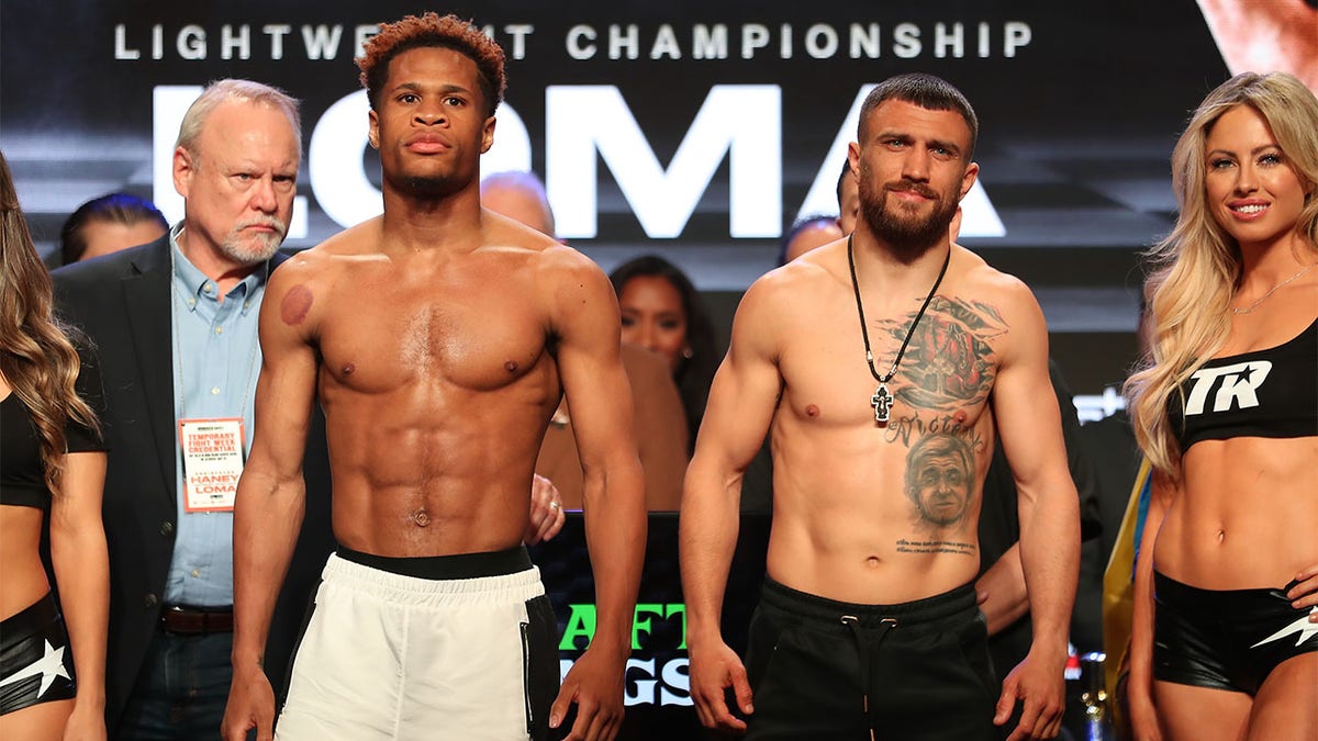 Devin Haney and Vasilly Lomachenko at their weigh-in on Friday