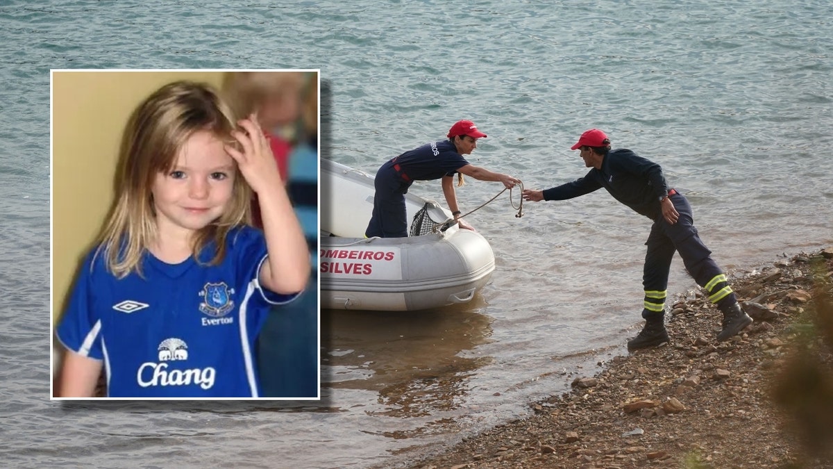 A photo of Madeleine McCann over a photo of search crews