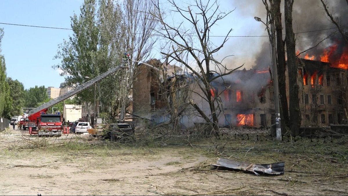 A view of heavily damaged clinic after a missile strike amid Russia-Ukraine war in Dnipro, Ukraine on May 26, 2023.