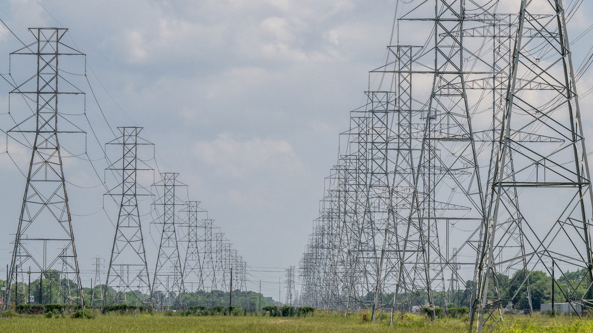 Transmission towers are seen at a power plant on June 9, 2022, in Houston, Texas.
