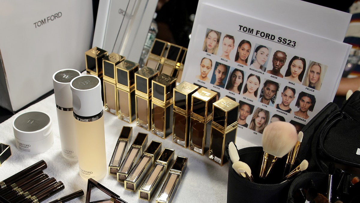 Tom Ford Beauty displayed on fashion show makeup vanity.