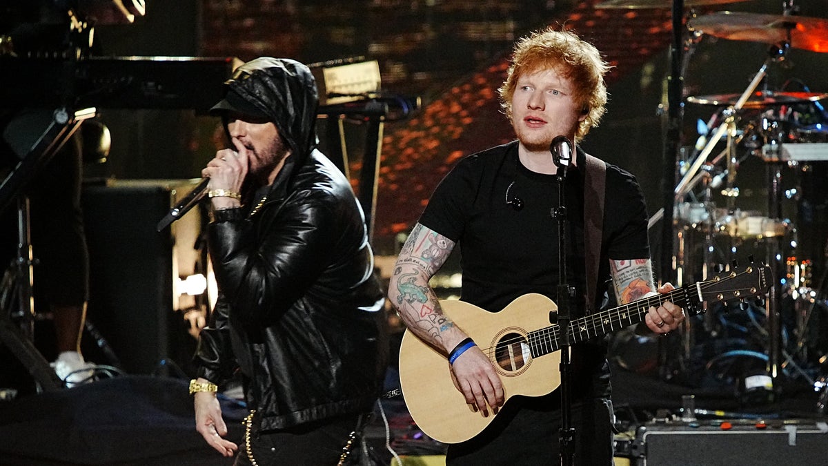 Eminem and Ed Sheeran perform on stage