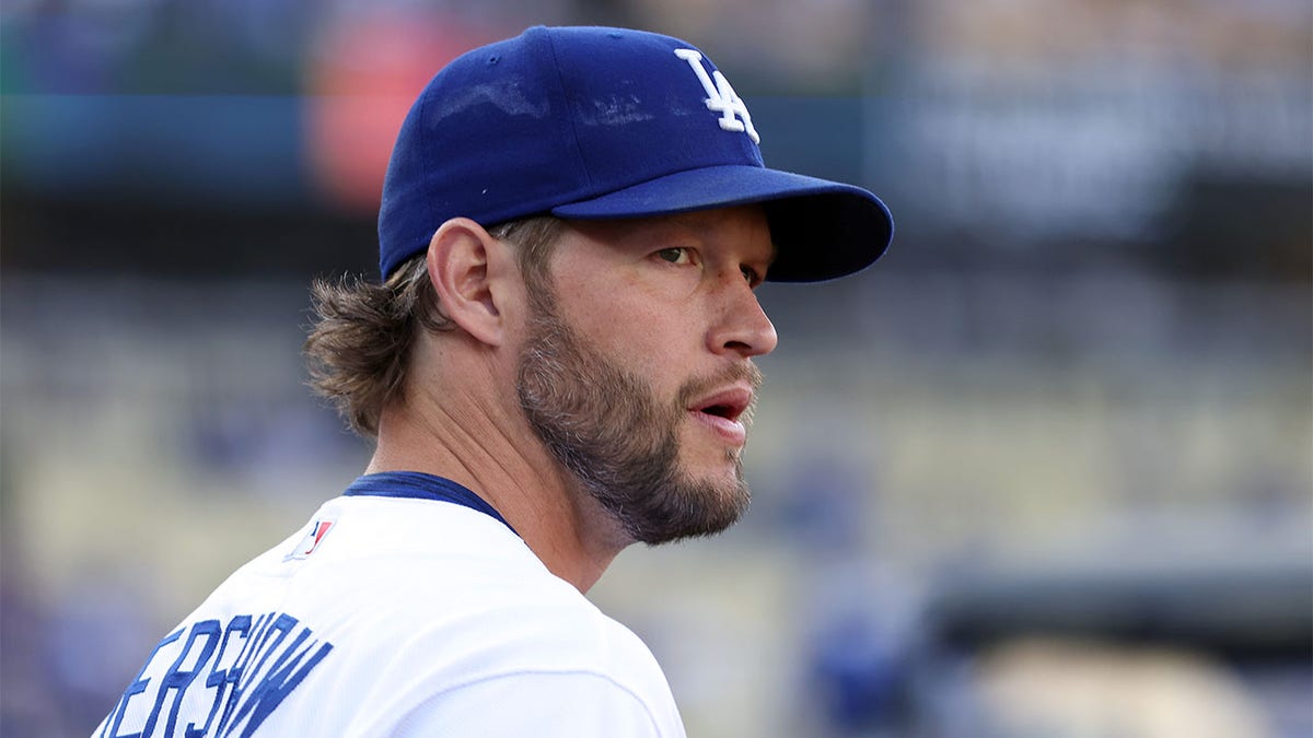 Clayton Kershaw looks on before facing the Cardinals