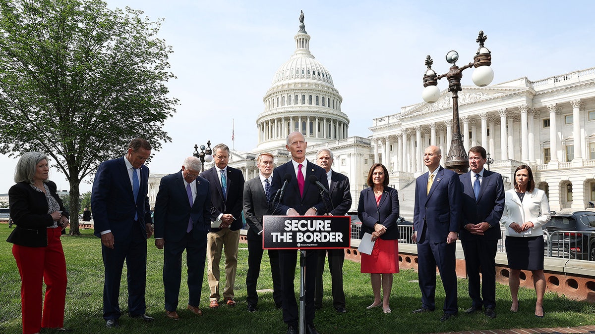 Rick Scott and other senators in front of Capitol demand Biden extend Title 42