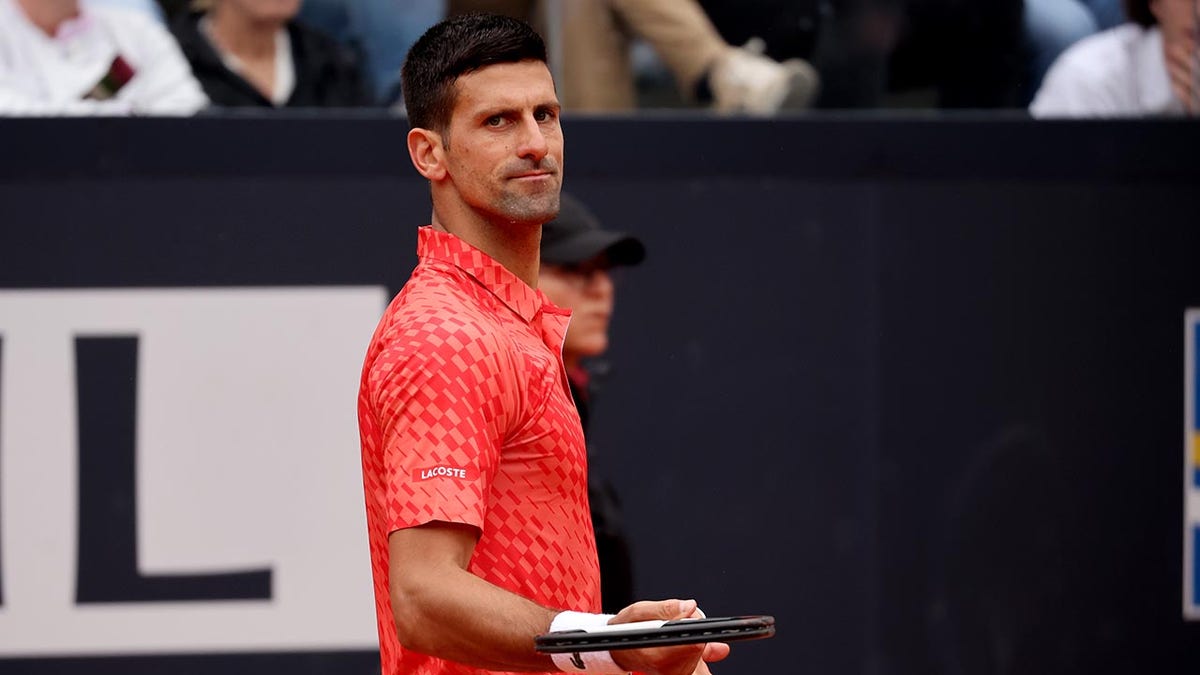 Novak Djokovic reacts during the fourth round of the Italian Open