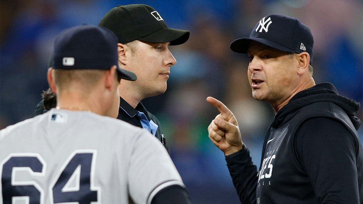 Aaron Boone yells at the umpire