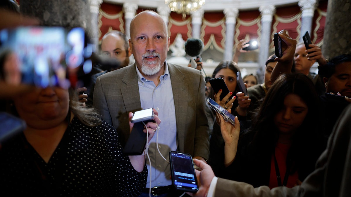 Chip Roy surrounded by media in the Capitol